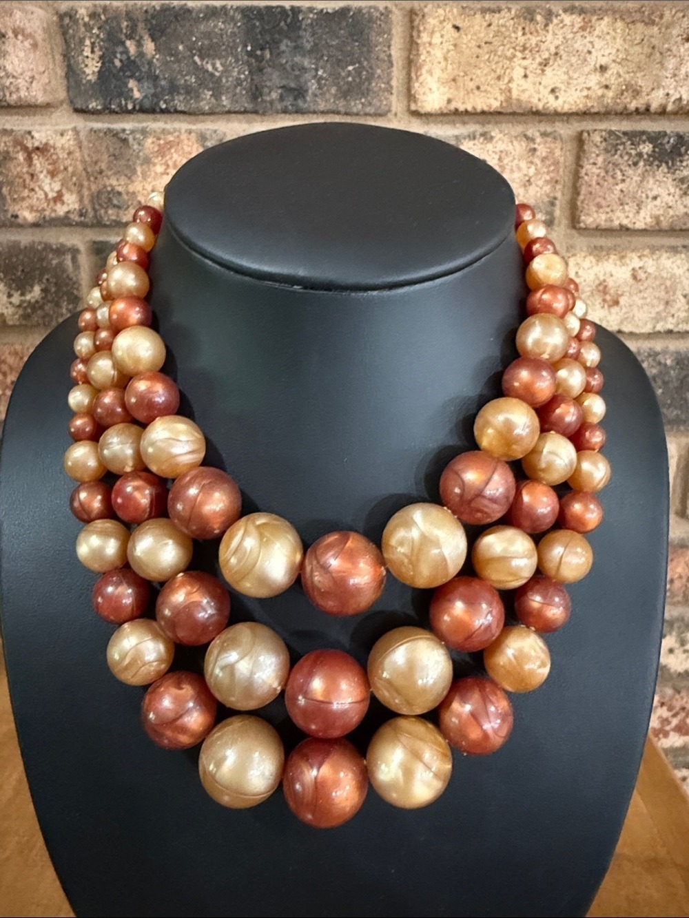 Coro Vintage Mid Century Triple Strand brown and tan swirl beaded necklace